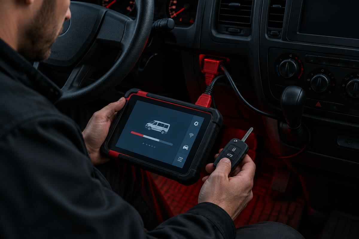 Technician programming a van key using a diagnostic tablet connected to the van